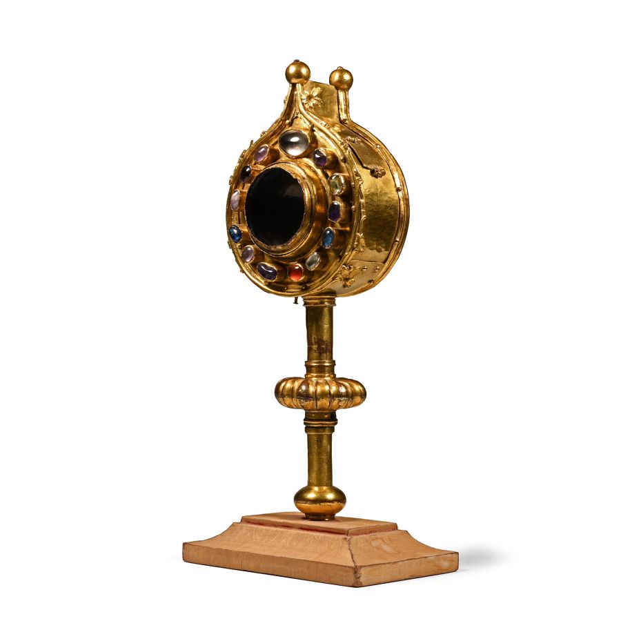 Medieval Gilt Bronze Ostensorium with Semi-Precious Gemstones