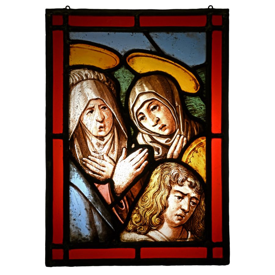 Stained Glass Panel with Three Figures at the Base of the Crucifixion