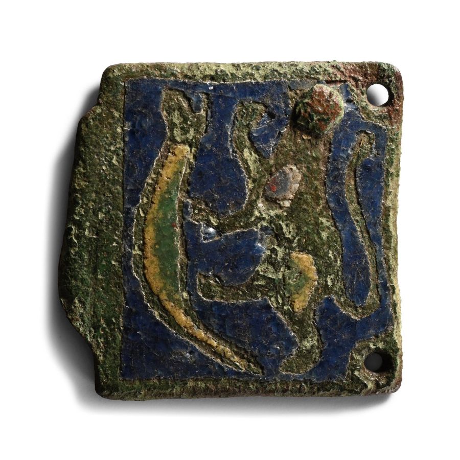 Medieval Knight's Bronze Limoges Buckle Plate with Rampant Lion Fighting a Human-Headed Snake
