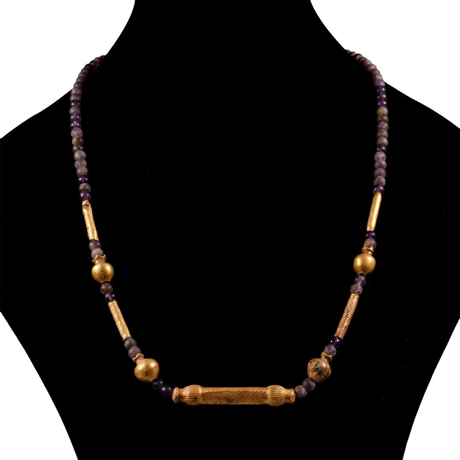 Mesopotamian Amethyst and Gold Bead Necklace