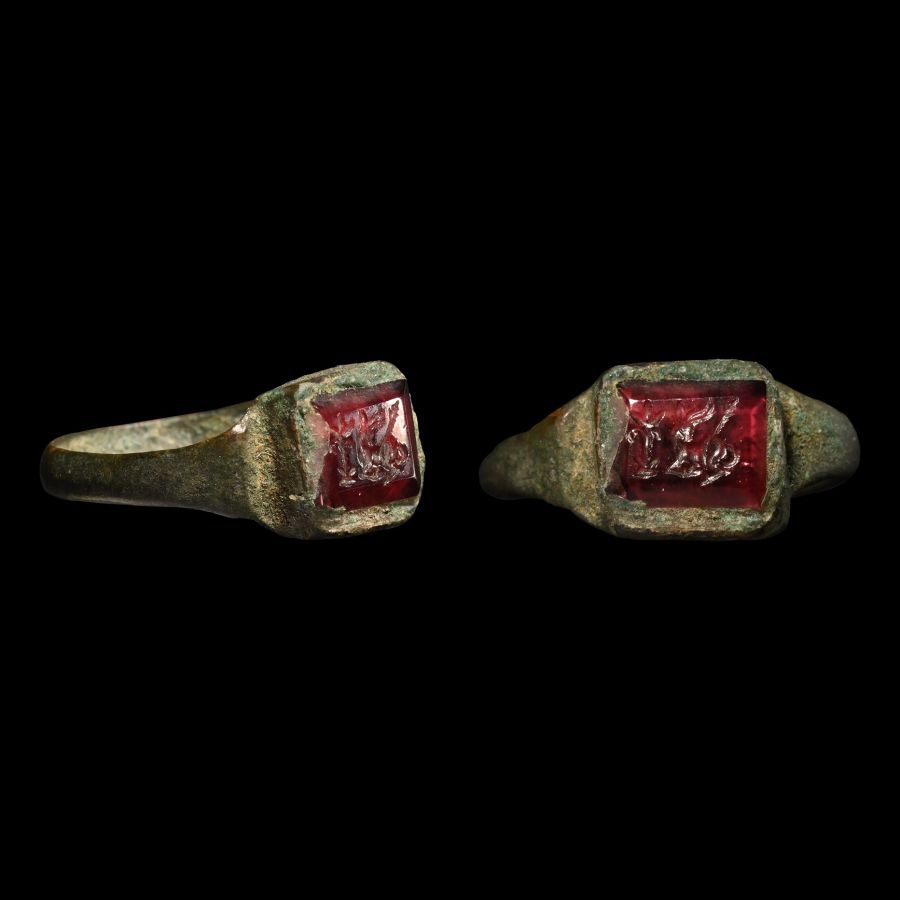Roman Bronze Ring with Recumbent Deer Facing Back Gemstone
