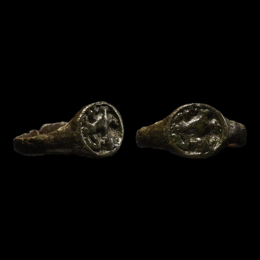 Medieval Bronze Ring with Prancing Human-Headed Lion