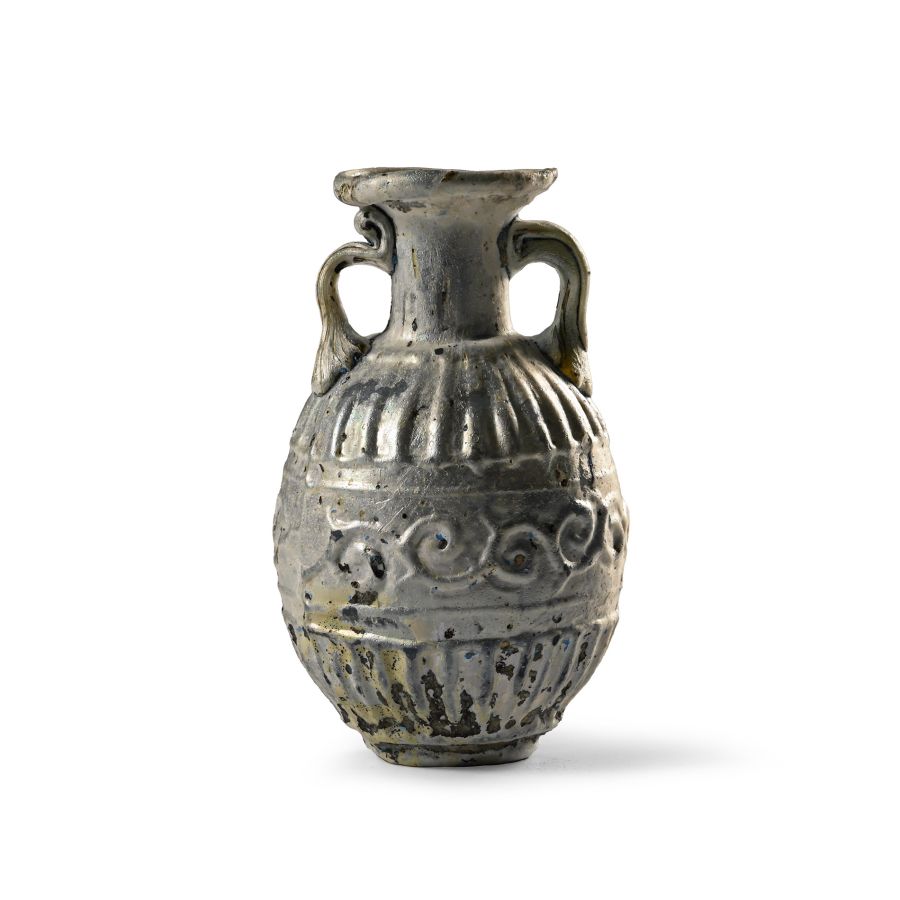 Roman Sidonian Mould-Blown Two-Handled Flask with Silver Iridescence