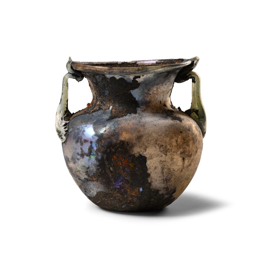 Roman Glass Double-Handled Iridescent Flask