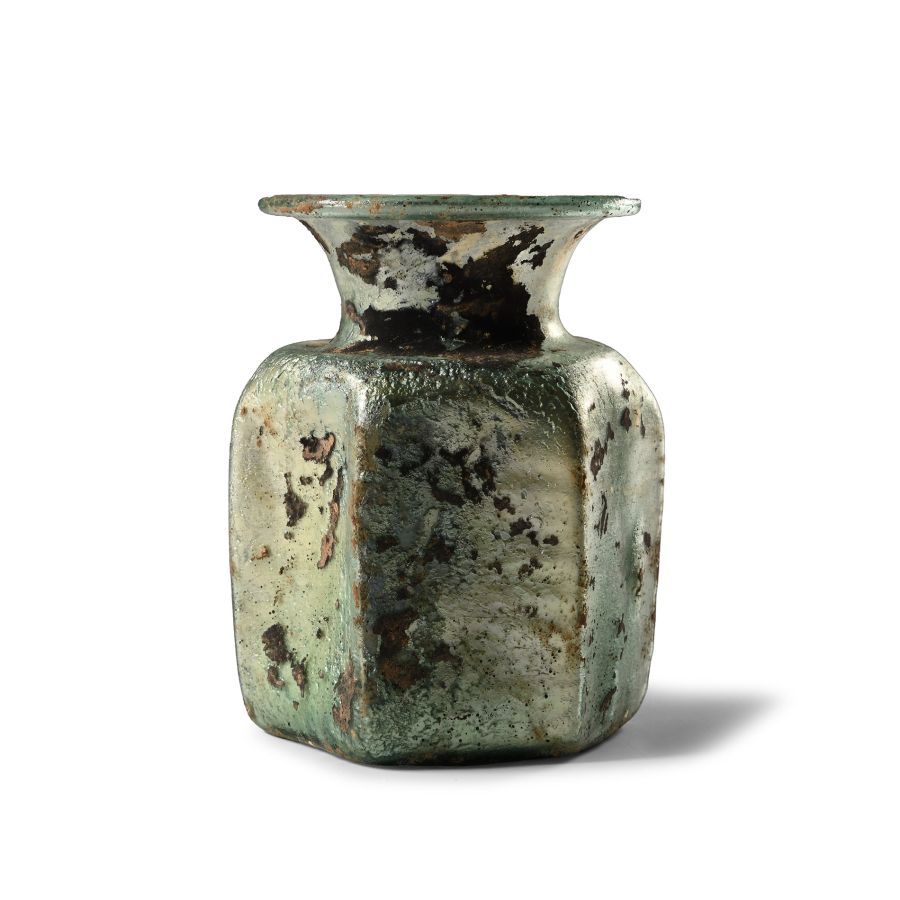 Roman Six-Sided Glass Jar with Iridescence