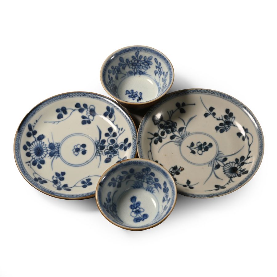 Ca Mau Cargo Shipwreck Glazed Blue and White Tea Bowl and Dish Set Pair