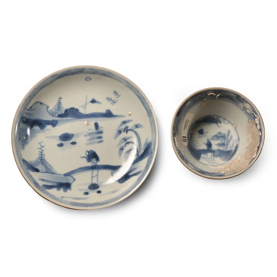 Ca Mau Cargo Shipwreck Glazed Blue and White Tea Bowl and Dish Set
