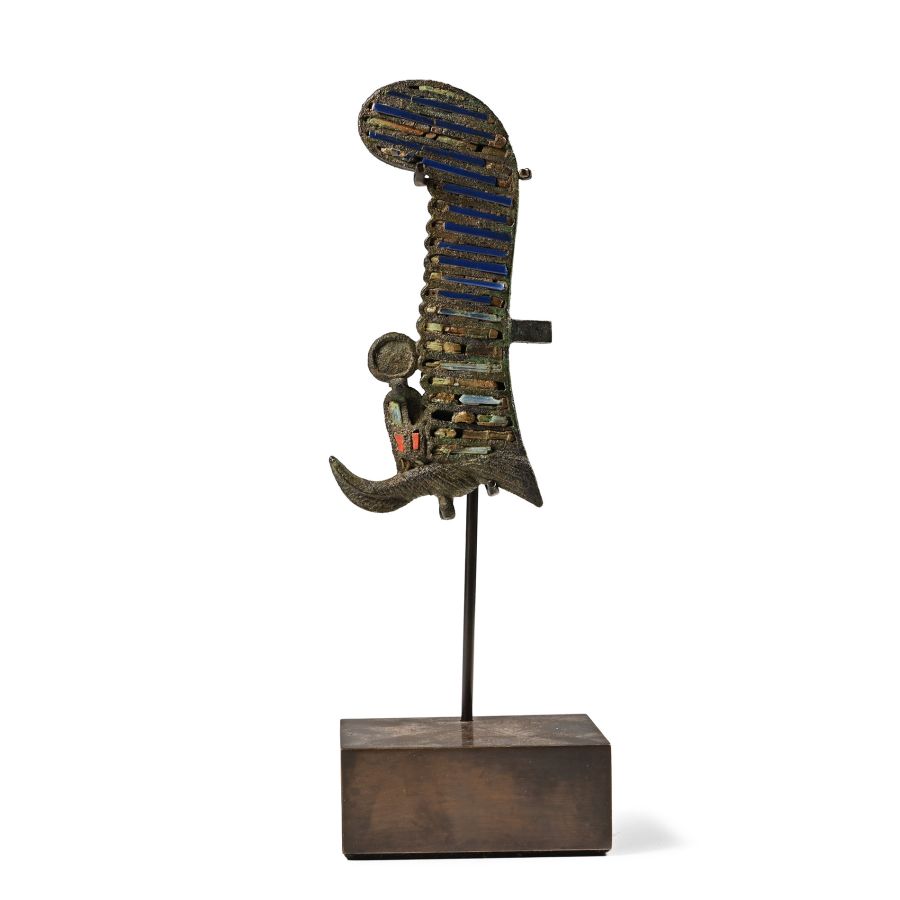 Egyptian Bronze and Glass Inlaid Ostrich Feather from an Atef Crown