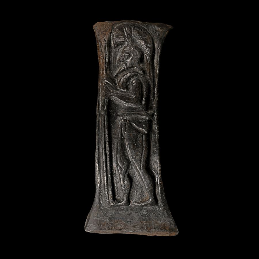 Etruscan Bucchero Ware Pottery Handle Depicting a Warrior