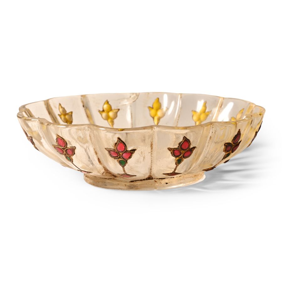 Boxed Flower Glass Bowl with 'Rubies' and Other Cabochons