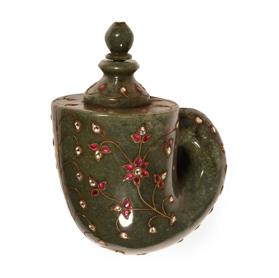 Boxed Jadeite Vessel with 'Rubies' and Other Cabochons