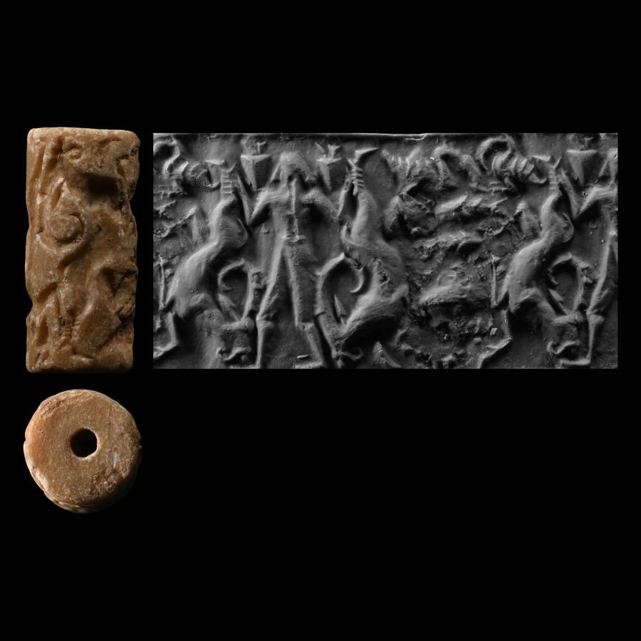 Large Sumerian Alabaster Cylinder Seal with Hero Holding Ibexes