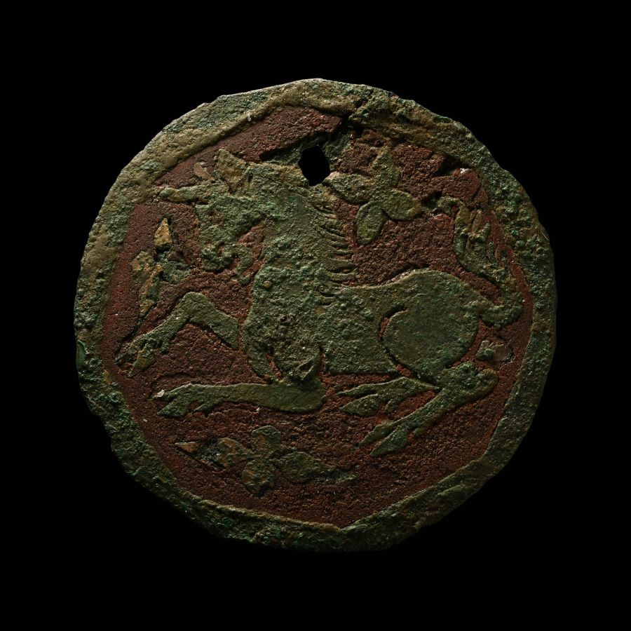 Medieval Knight's Heraldic Red Enamelled Bronze Roundel with Silver Unicorn