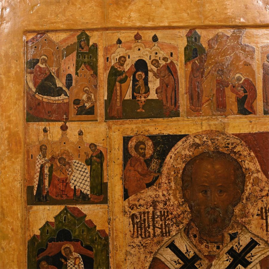 Monumental Wooden Russian Icon of Life of St. Nicolas