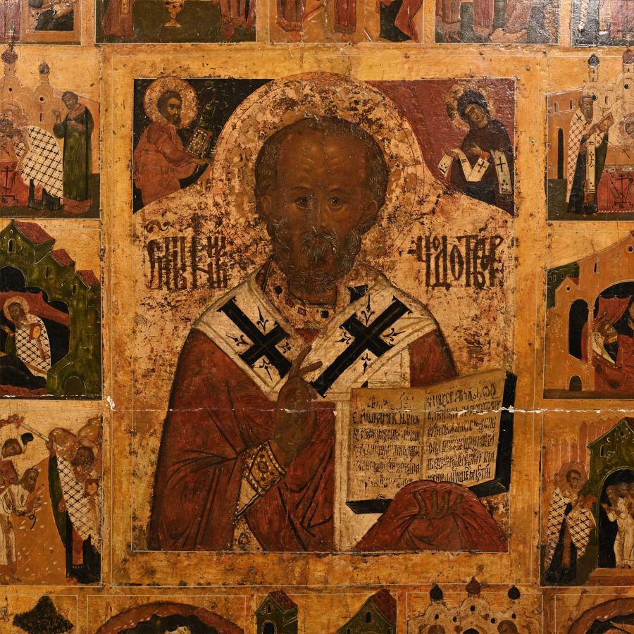 Monumental Wooden Russian Icon of Life of St. Nicolas