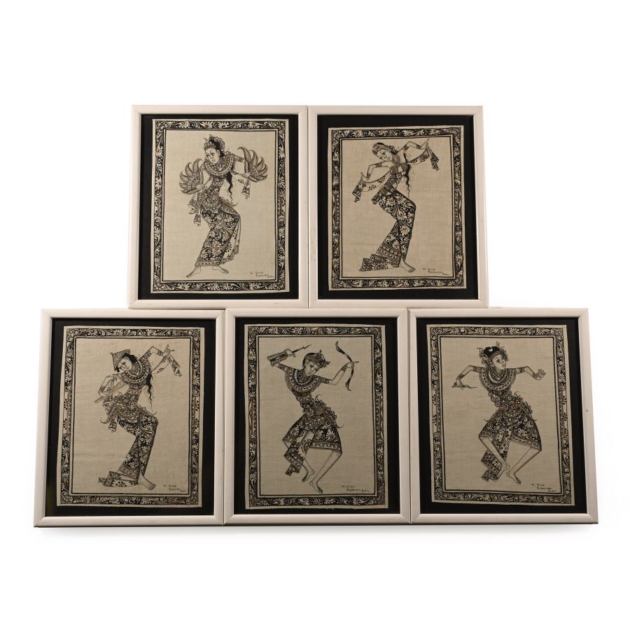 Set of Five Framed Indonesian Temple Dancers Painted on Linen