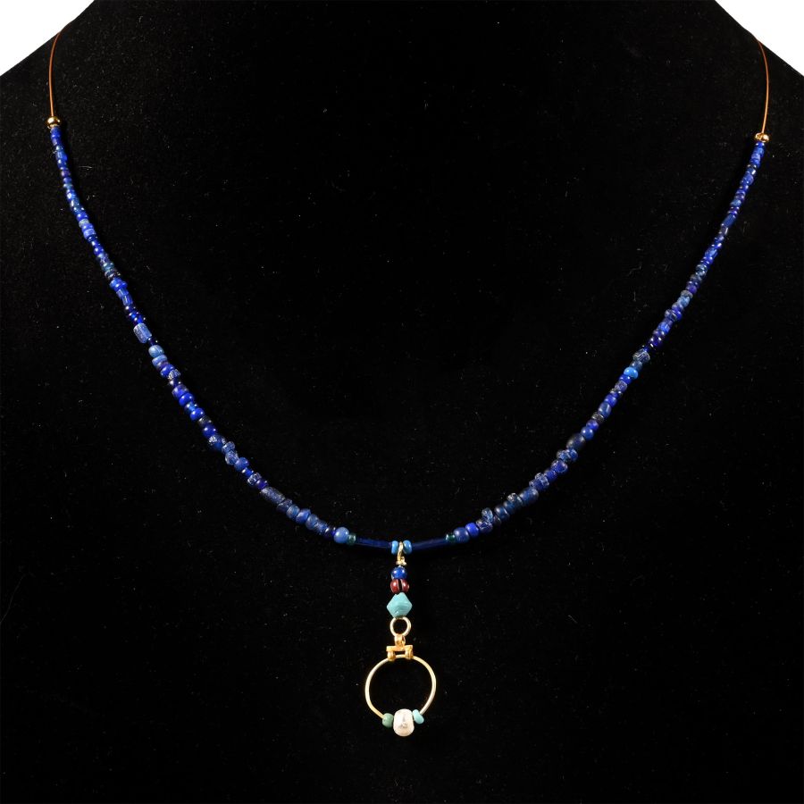 Roman Blue Glass Bead Necklace with Gold and Bead Pendant