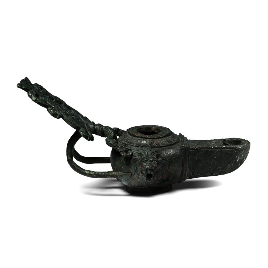 Elaborate Roman Bronze Oil Lamp with Lion Mask