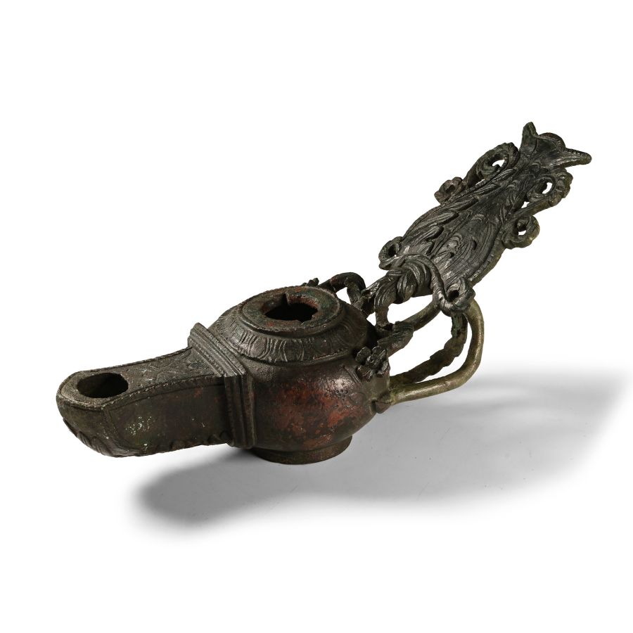 Elaborate Roman Bronze Oil Lamp with Lion Mask