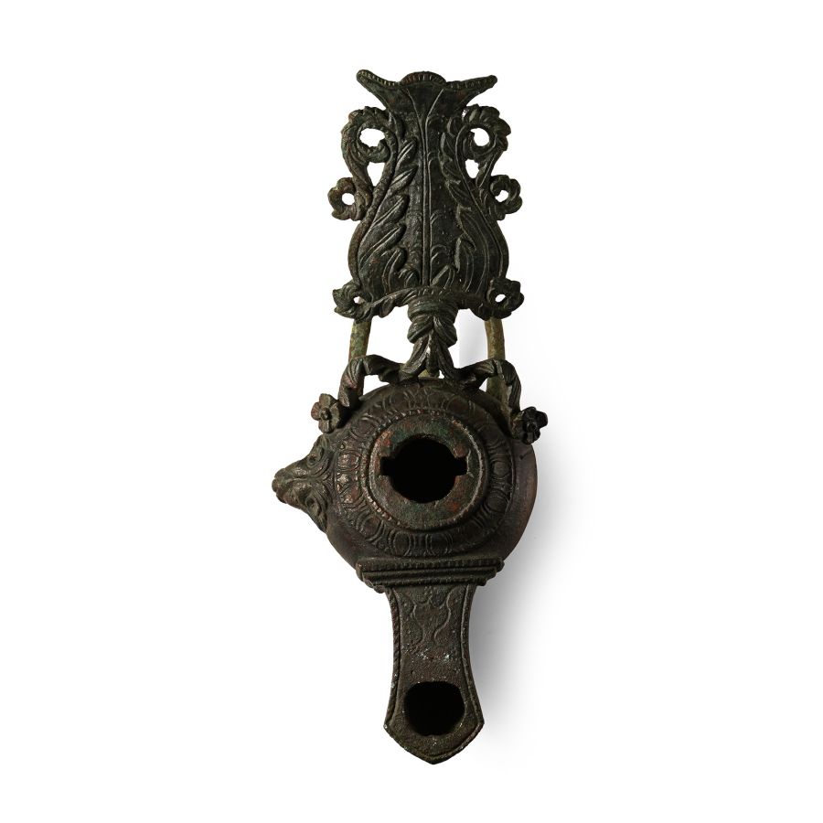 Elaborate Roman Bronze Oil Lamp with Lion Mask