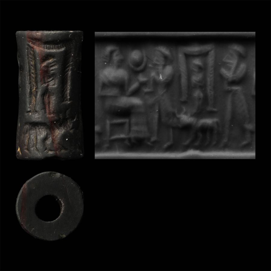Old Babylonian Black Stone Cylinder Seal with Presentation Scene