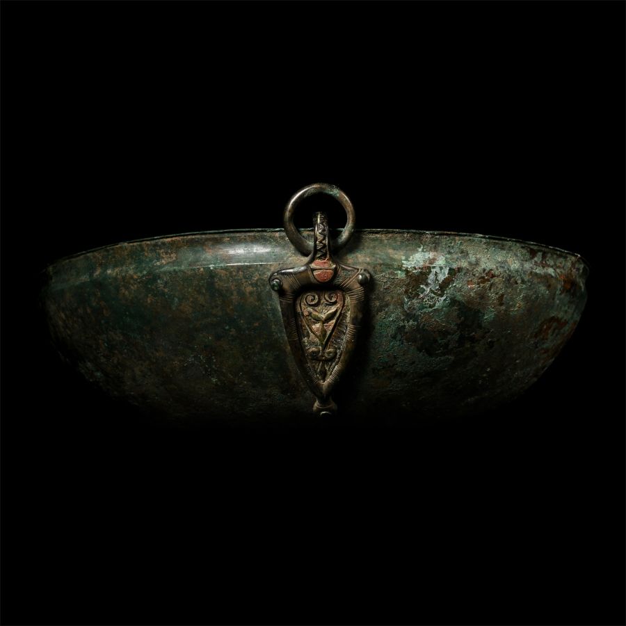 High-Status 'Ryedale' Anglo-Saxon Bronze Hanging Bowl with Enamelled Chip-Carved Mounts
