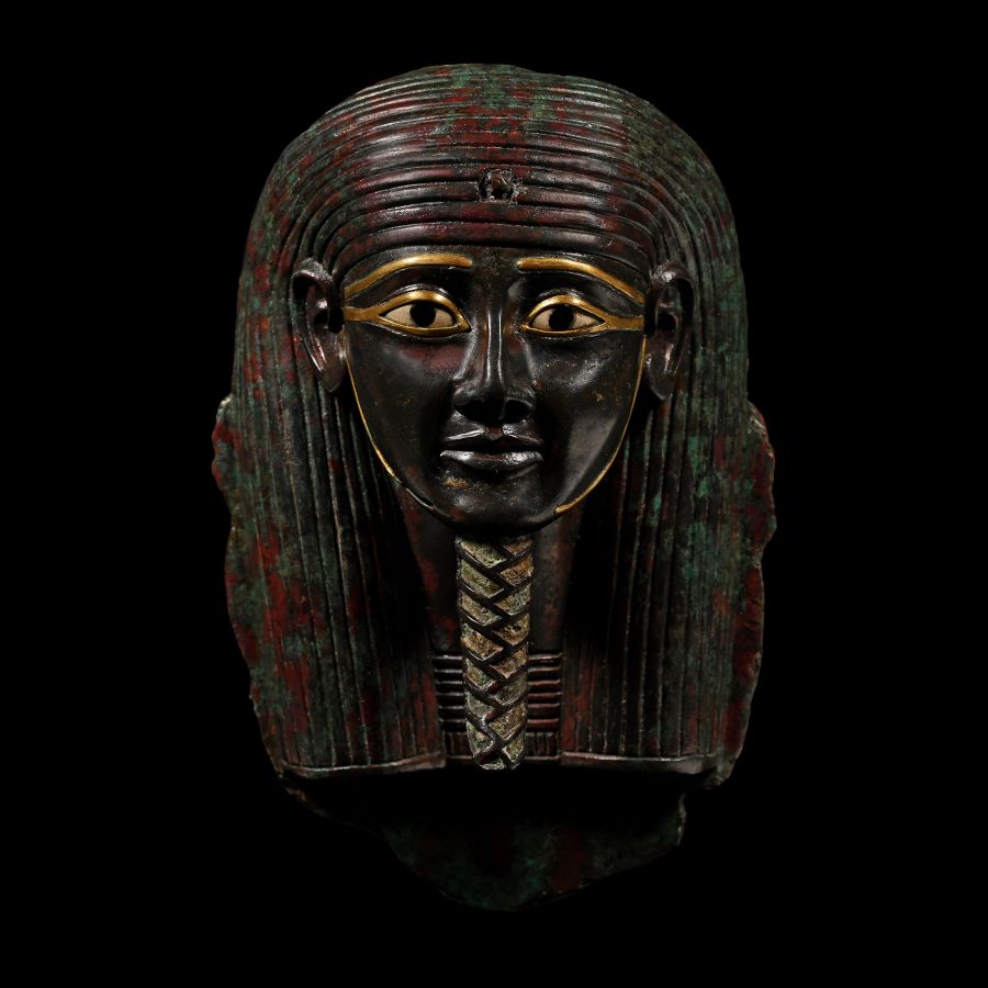 Egyptian Bronze Head of a Pharaoh with Inlaid Eyes
