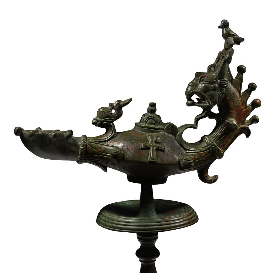 Late Roman Bronze Oil Lamp with Gryphon Handle and Stand