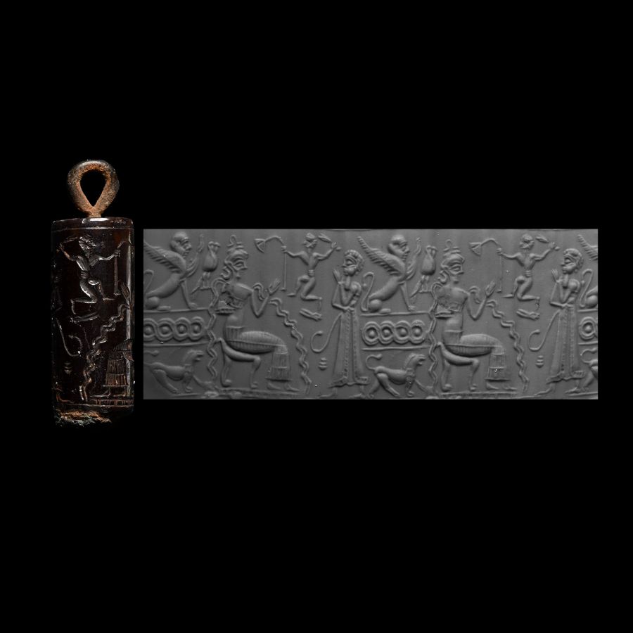 Mesopotamian Stone Cylinder Seal with Court Scene