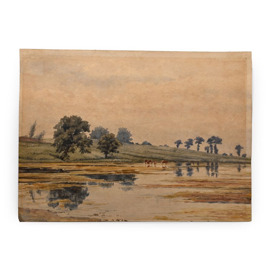 Watercolour of Landscape with Cows in Marshland
