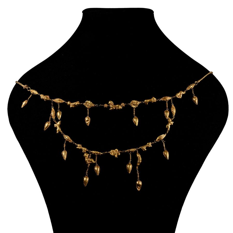 Greek Gold Necklace with Amuletic Pendants