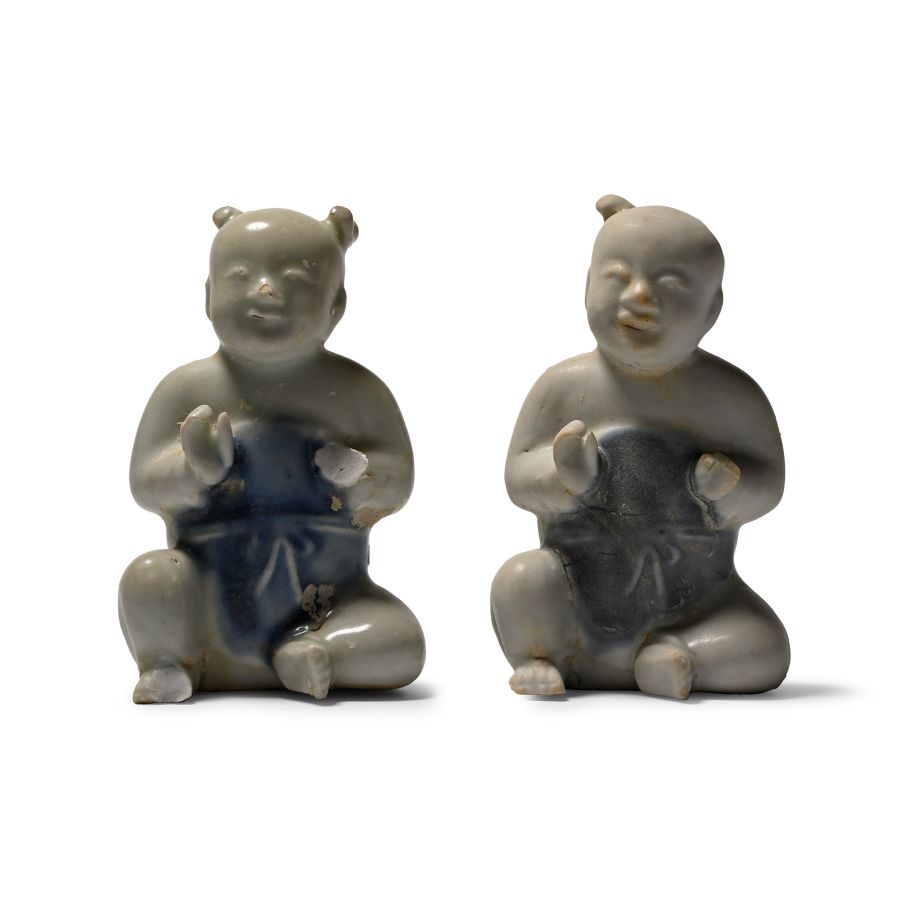 Ca Mau Cargo Shipwreck Glazed Blue and White Child Figurine Pair