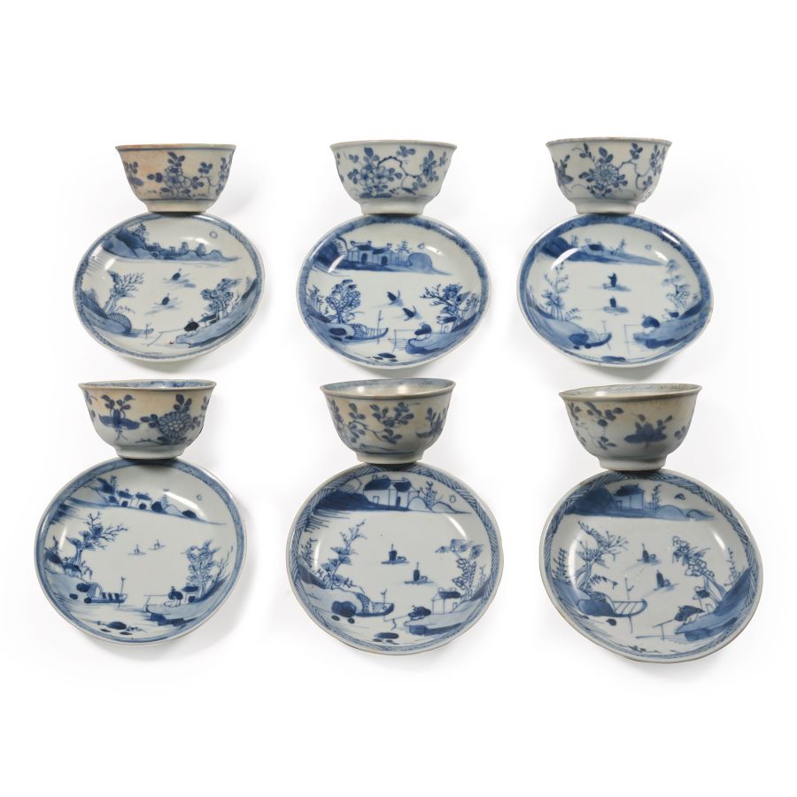 Ca Mau Cargo Shipwreck Glazed Blue and White Tea Set with Fisherman Scene
