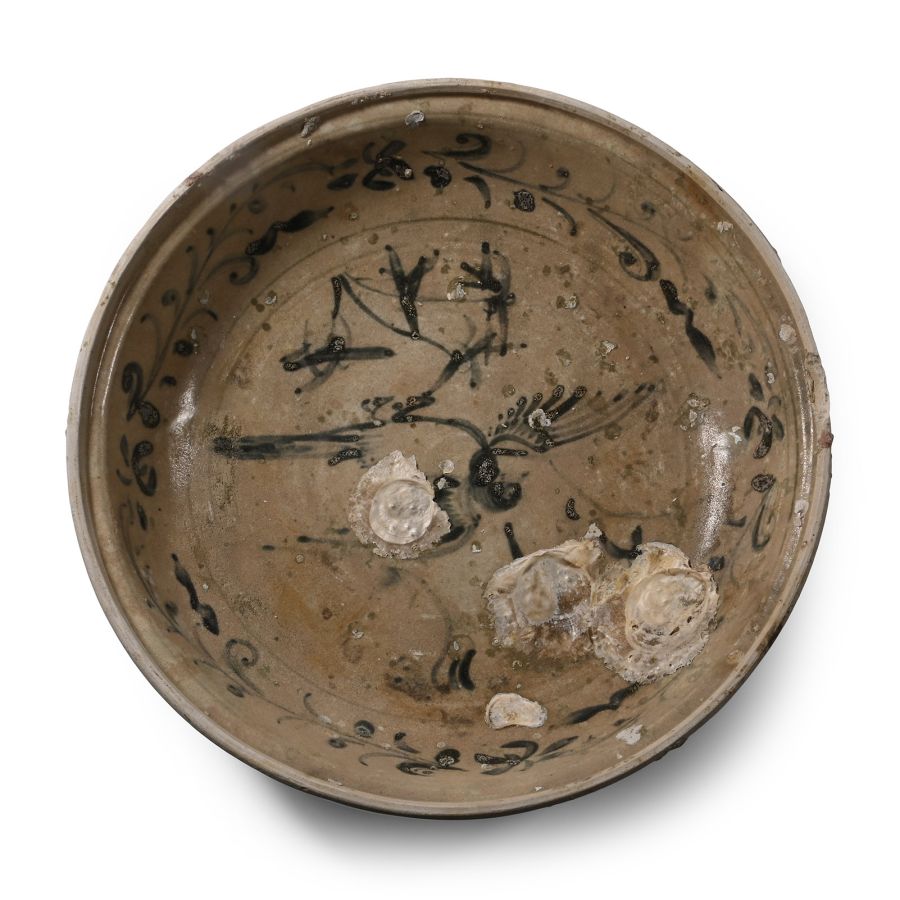 Large Hoi An Cargo Shipwreck Glazed Blue and White Bowl with Bird