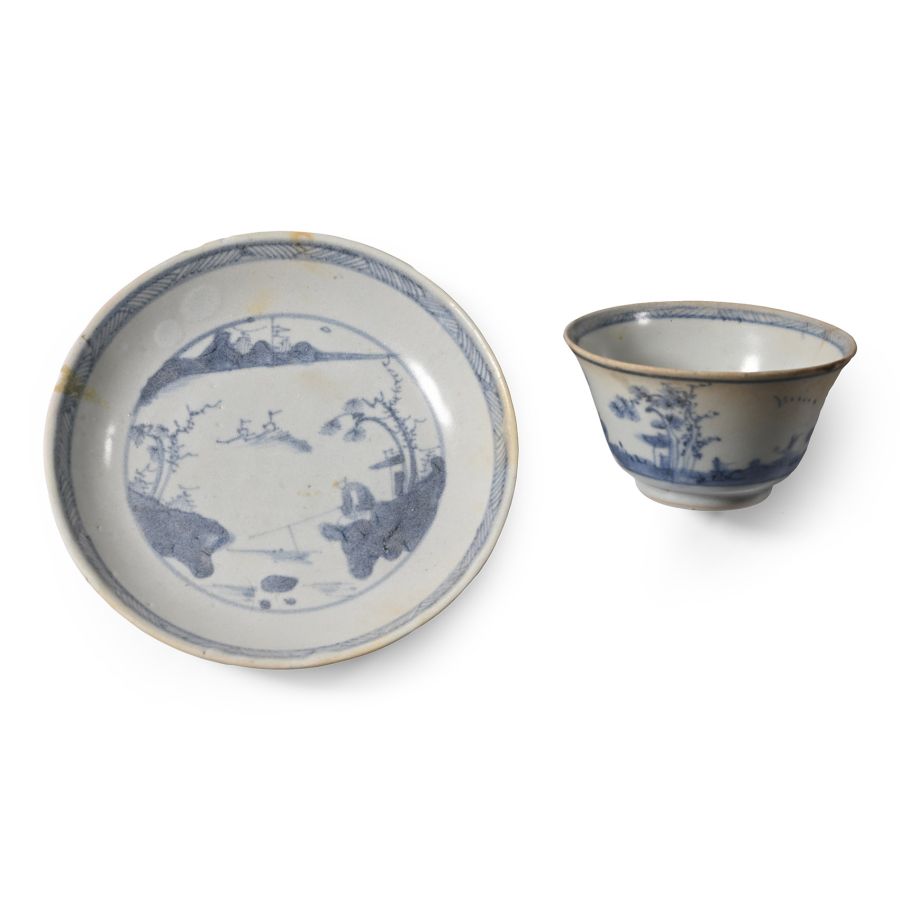Ca Mau Cargo Shipwreck Glazed Blue and White Tea Cup and Saucer with Fisherman Scene