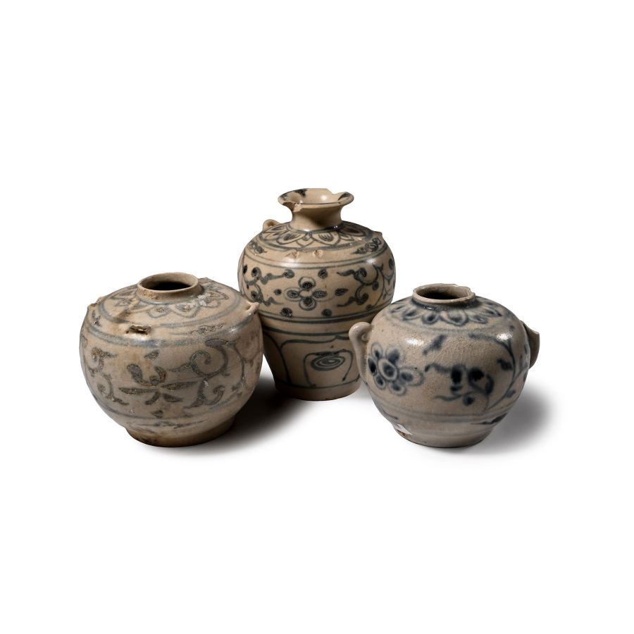 Hoi An Cargo Shipwreck Glazed Blue and White Vase Trio