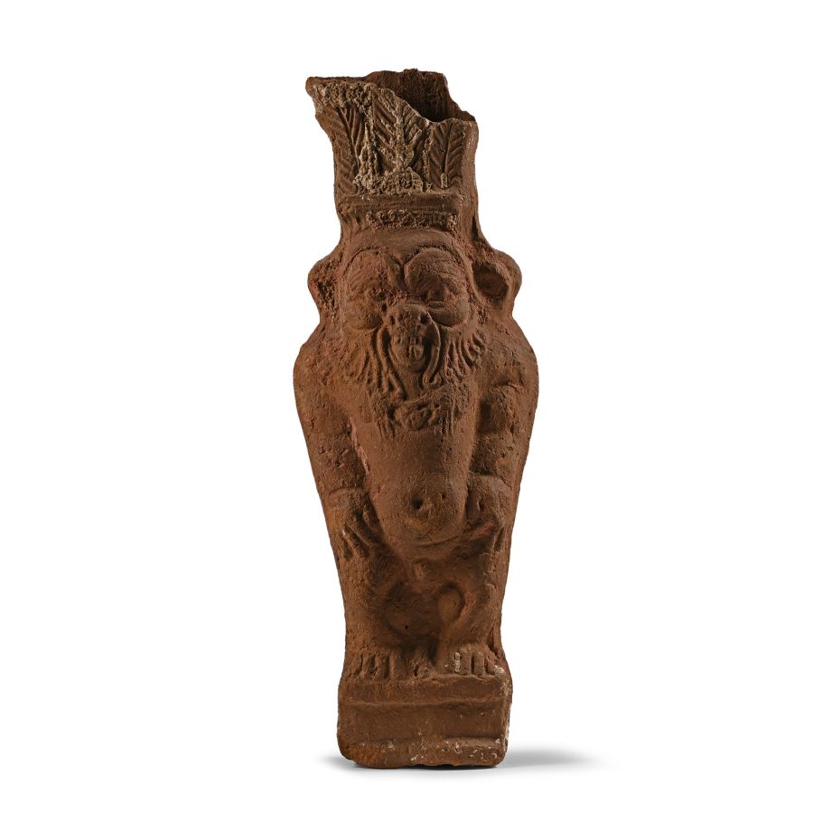 Egyptian Ceramic Statuette of the God Bes Wearing a Feather Crown