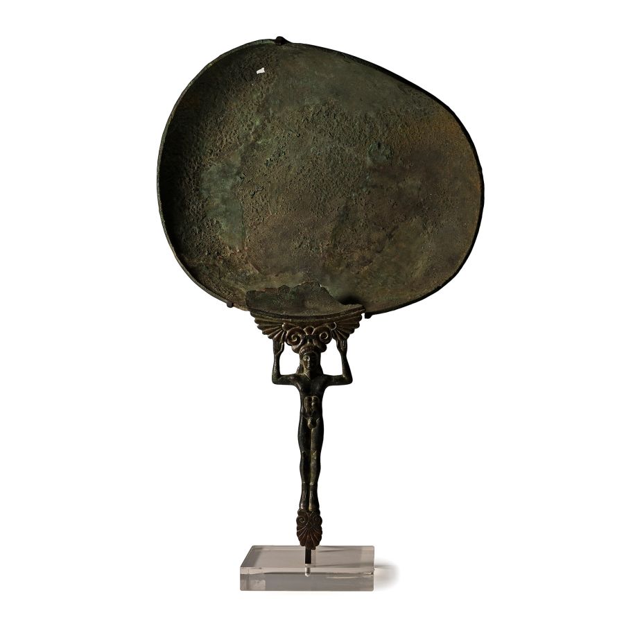 Archaic Greek Bronze Patera with Kouros Handle