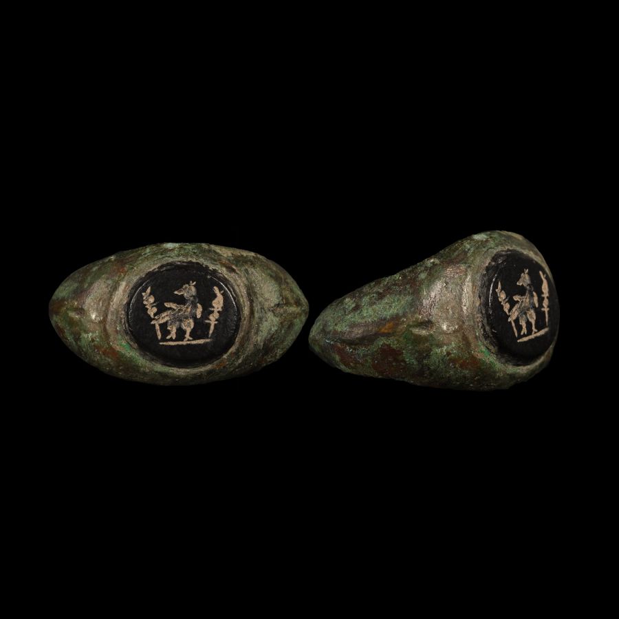 Romano-British Bronze Military Ring with Eagle and Standards Gem