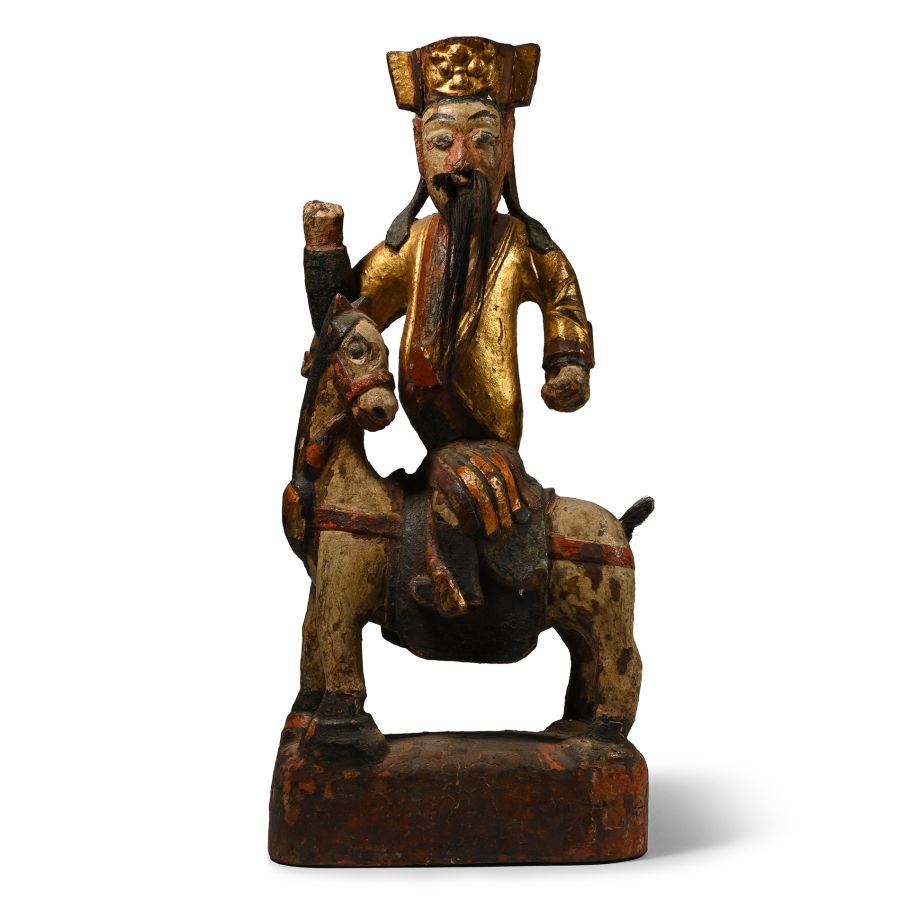 Chinese Gilded Wooden Temple Figure Seated on a Horse