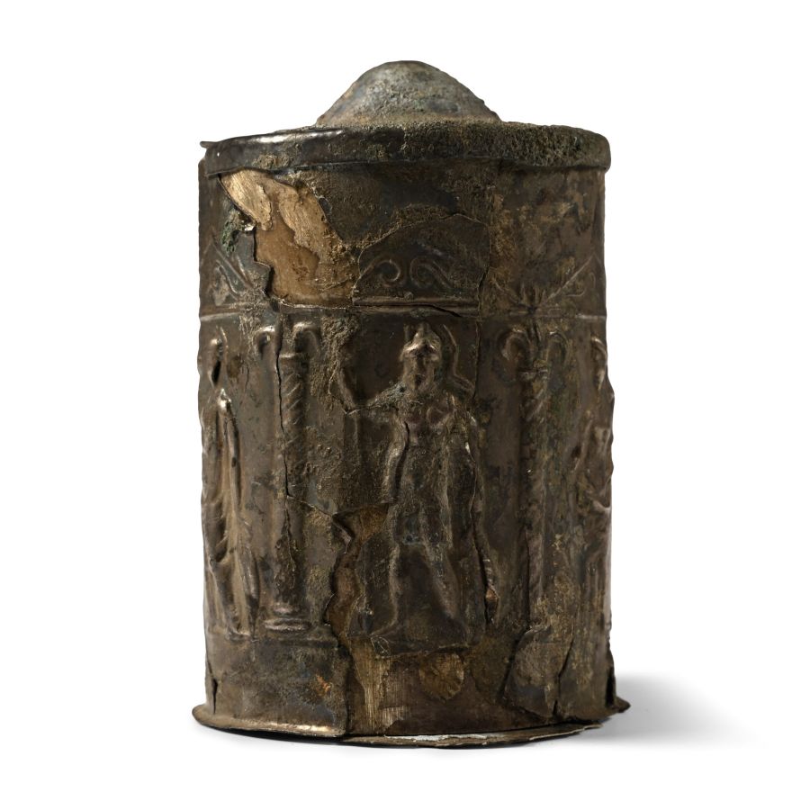 Roman Silver Lidded Pyxis with Mercury, Fortuna, Minerva, Juno and Mars
