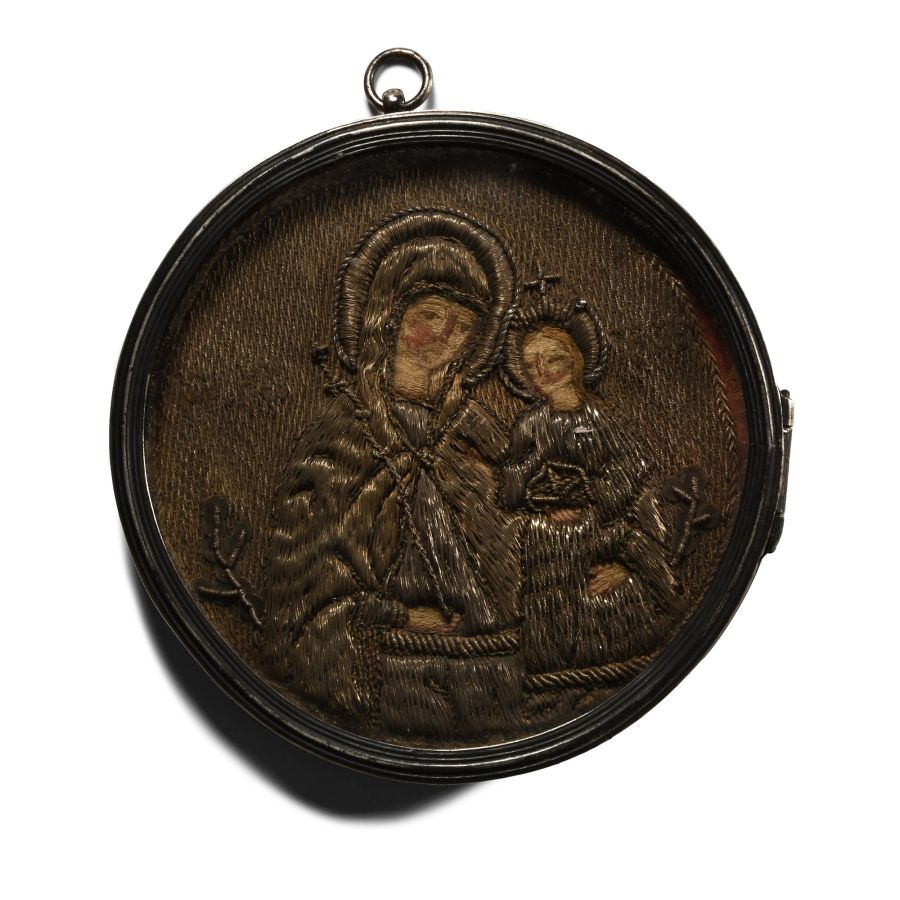 Greek Gold Thread Needle Point with Mary and Jesus in Silver with Inscription to the Archbishop of Jerusalem