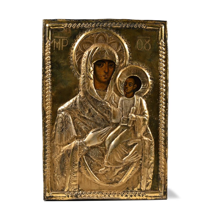 Greek Icon with Mother of God 'Hodegetria' with Silver-Gilt Cover