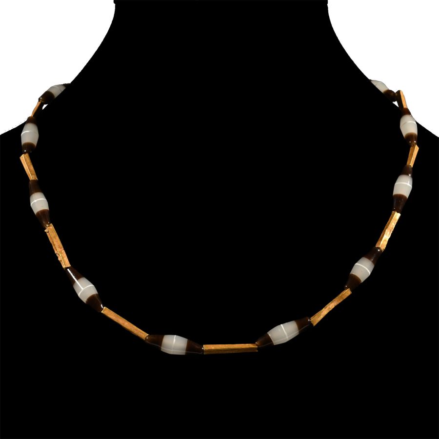Western Asiatic Gold and Banded Glass Bead Necklace