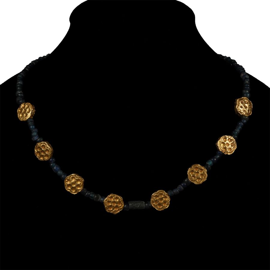 Byzantine Blue Glass Bead Necklace with Gold Elements