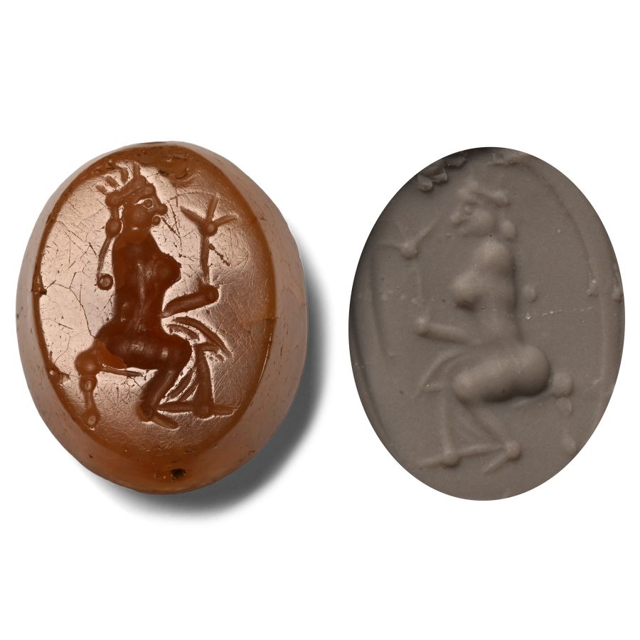 Neo Babylonian Chalcedony Stamp Seal with Seated Goddess