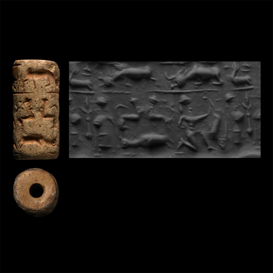 Mitanni Faience Cylinder Seal with Kneeling God and Animals