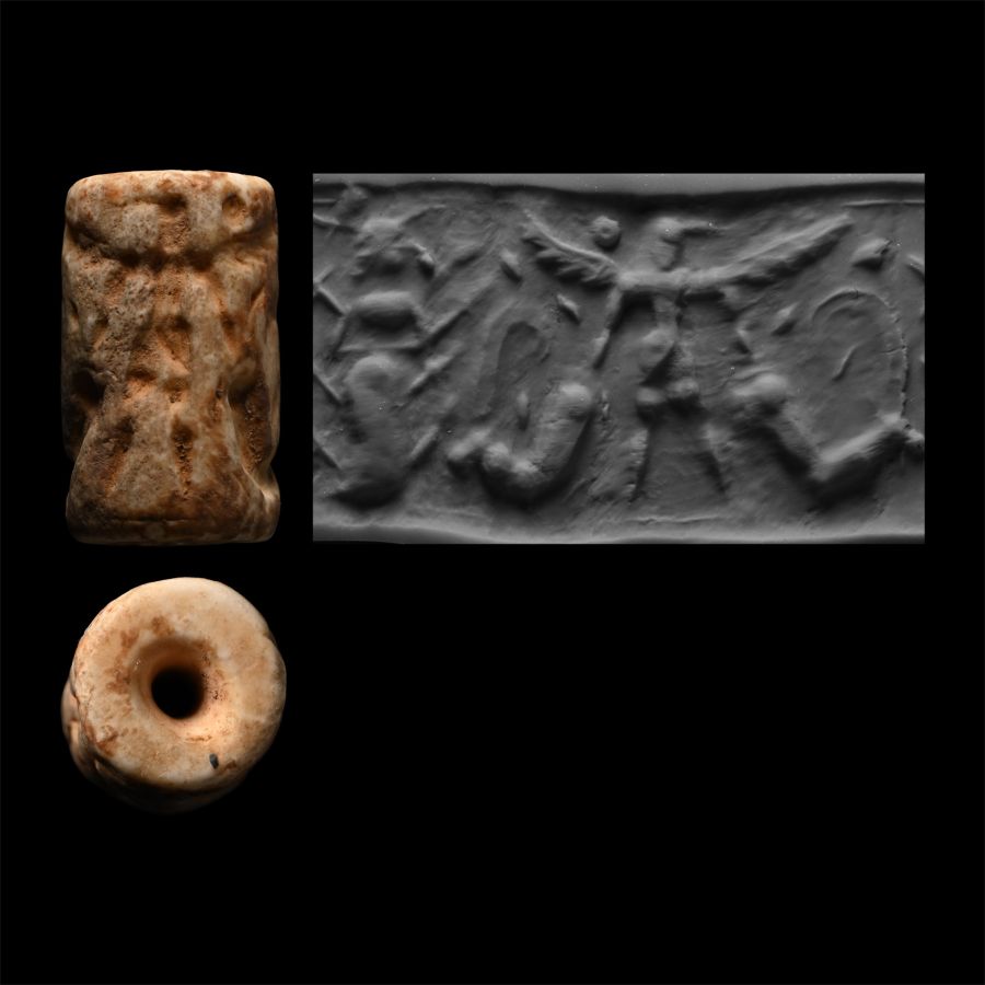 Western Asiatic White Marble Cylinder Seal with Standing Goddess