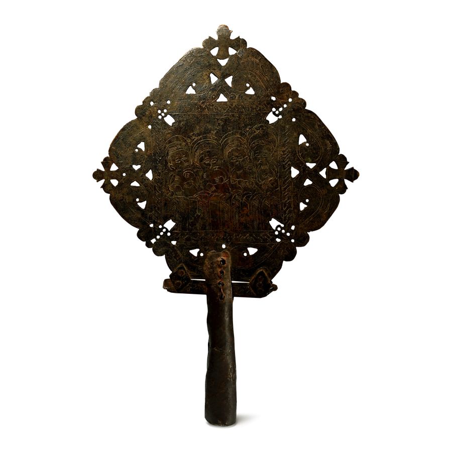 Ethiopian Engraved Bronze Cross with Figures of the Holy Fathers