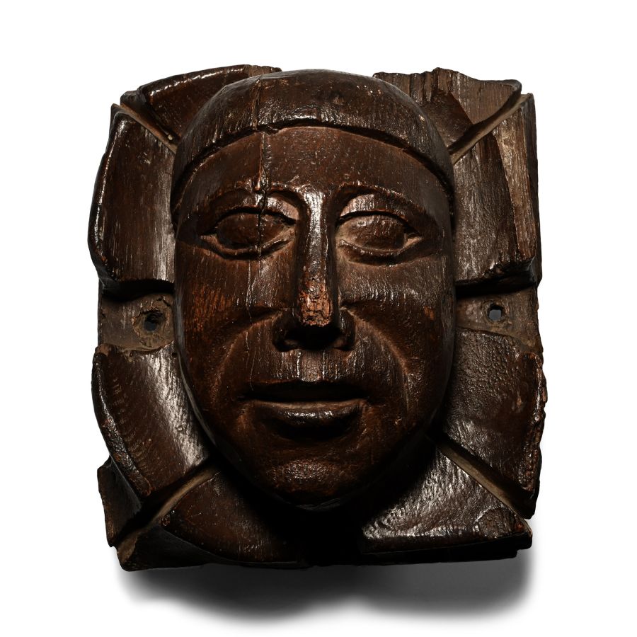 Medieval Carved Oak Boss with the Mask of a Man and Foliage